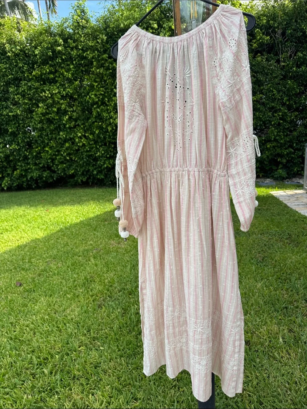 LoveShackFancy Isla Dress Pale Pink Embroidered Midi Pom Pom Tassels Slits Small - Picture 12 of 15